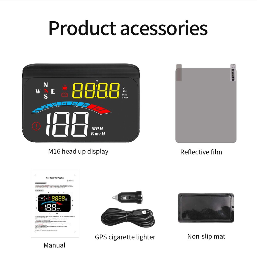 M16 Car HUD Windshield Speed Projector GPS Speedometer Overspeed Alarm System