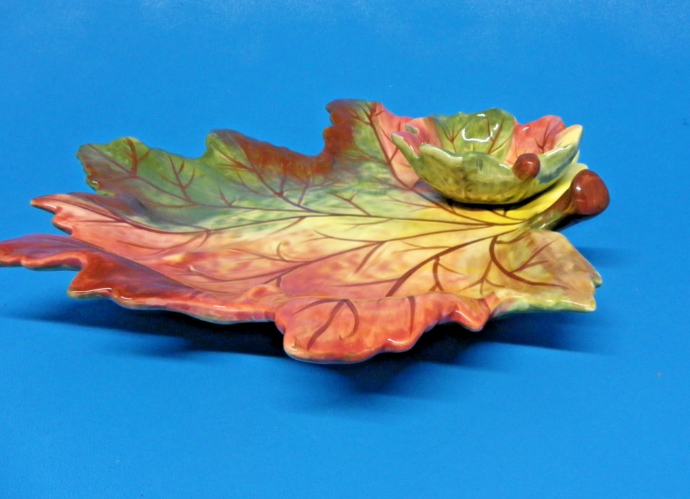 Maple Leaf Shape Ceramic Chip & Dip Server Dish Platter 10 x 9" Bright Colors EC
