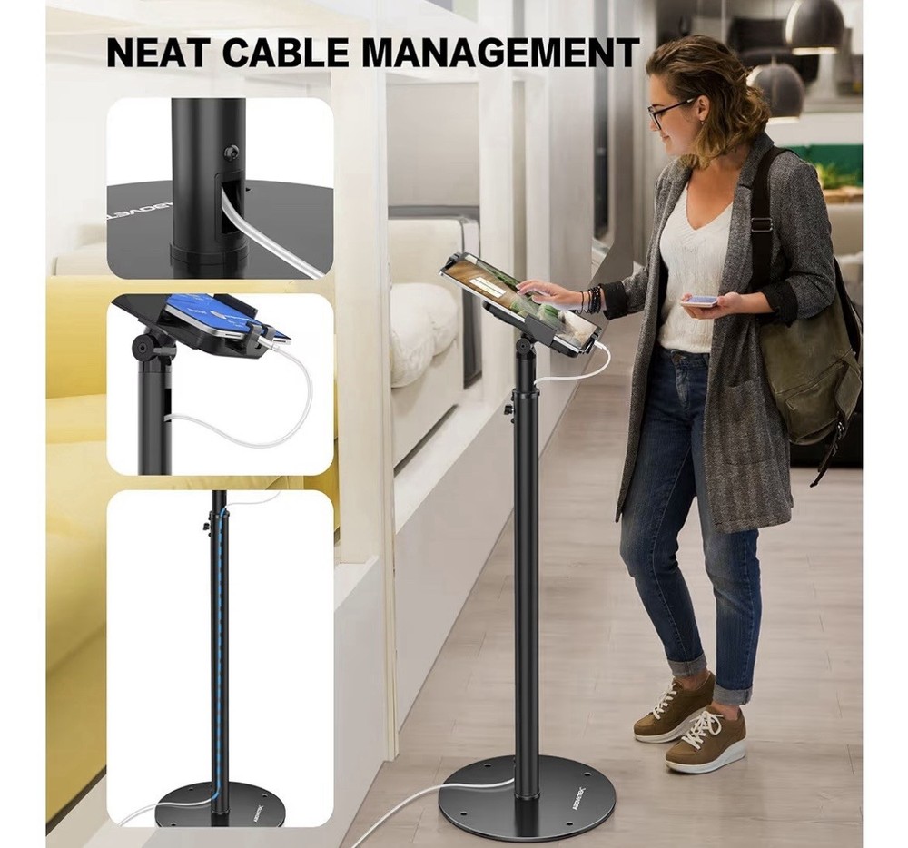 AboveTEK Adjustable Height Floor Stand for Tablet, Anti-Theft, Rotating, Black