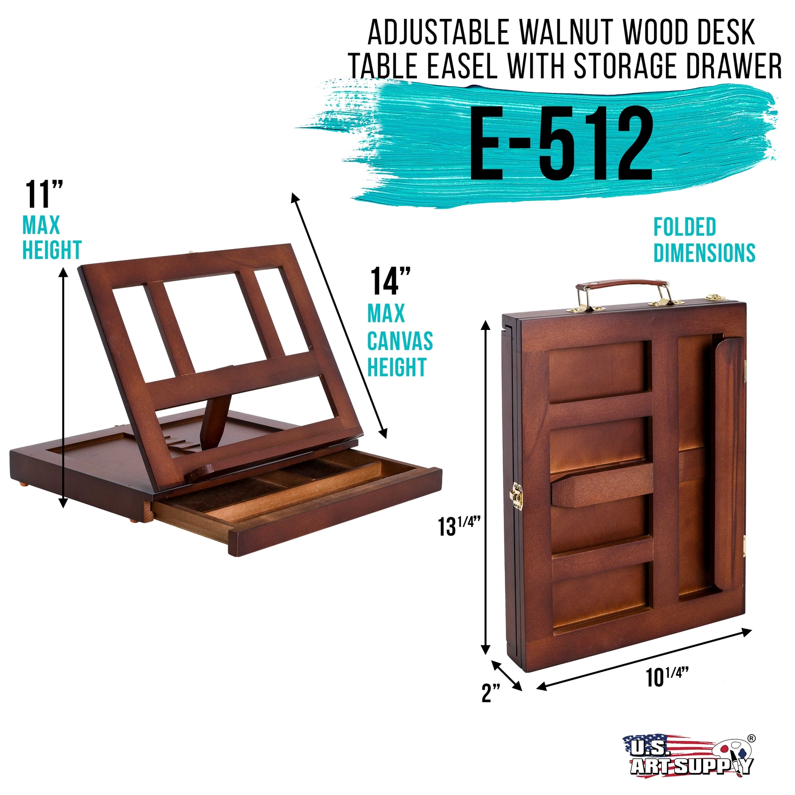 Walnut Solana Artist Wood Desk Table Easel, Storage Drawer, Art, Paint, Canvas