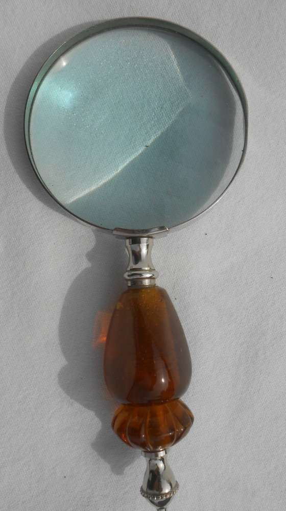 Vintage Magnifying Glass Victorian Amber Three Sided Handle Library Desktop