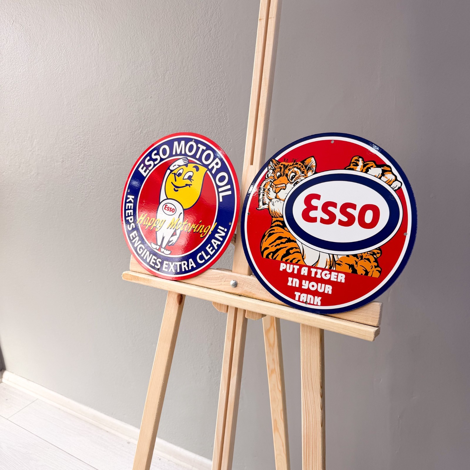 Esso Vintage Metal Sign Set of 2 Tiger & Man Happy Motoring – 30 cm / 11.8”