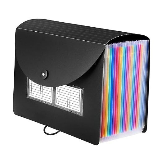 24 Pockets Expanding File Folder with Blank Labels, According File Black