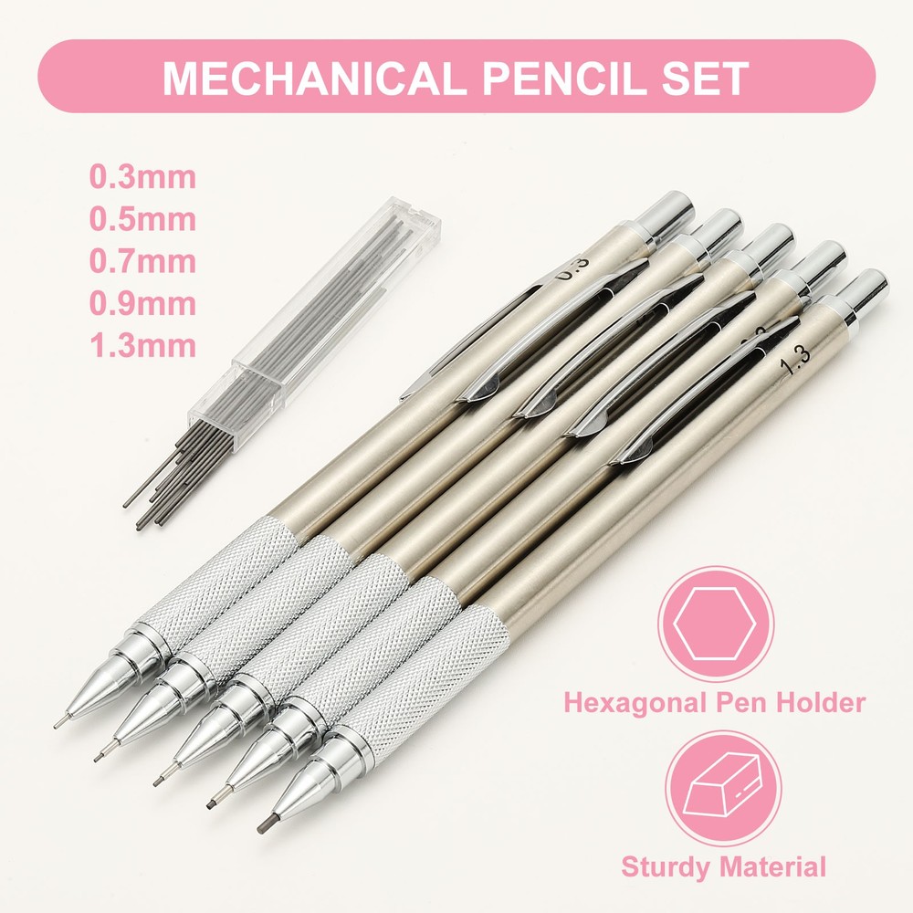 1.3 mm Mechanical Pencil Set with Refills for Writing, Silver