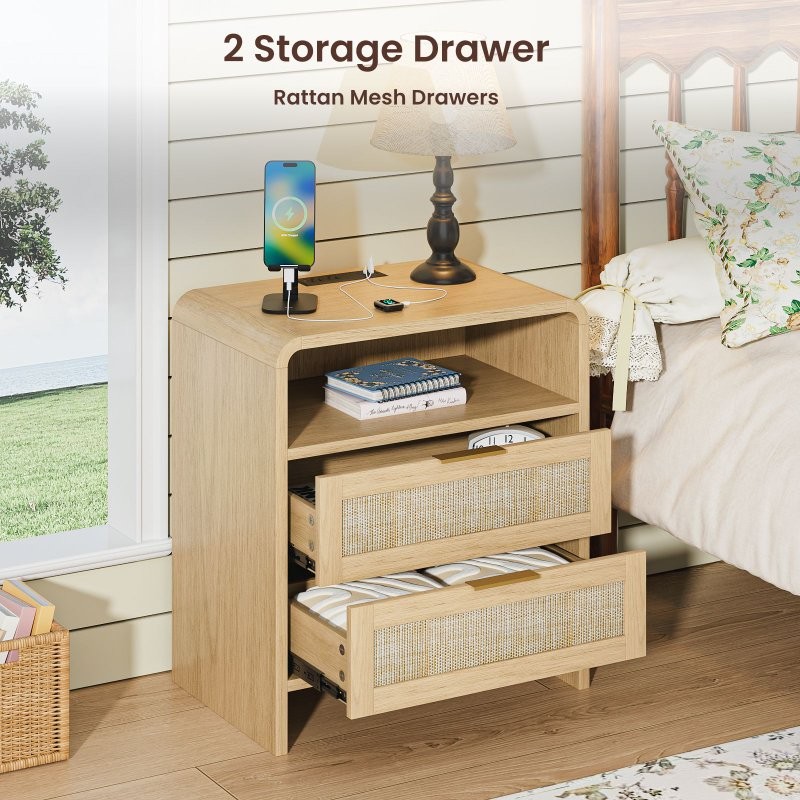 2PCS Nightstand Bedside End Table With 2 Drawers, Storage Shelf, Charging Socket