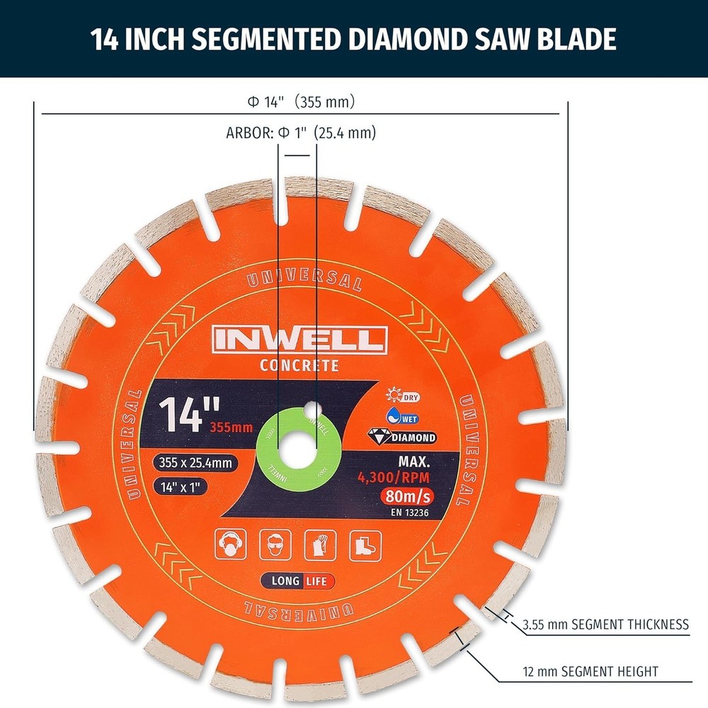 Precision 14 Inch Diamond Cutting Blade - Thin 3.55mm Design for Tough Materials