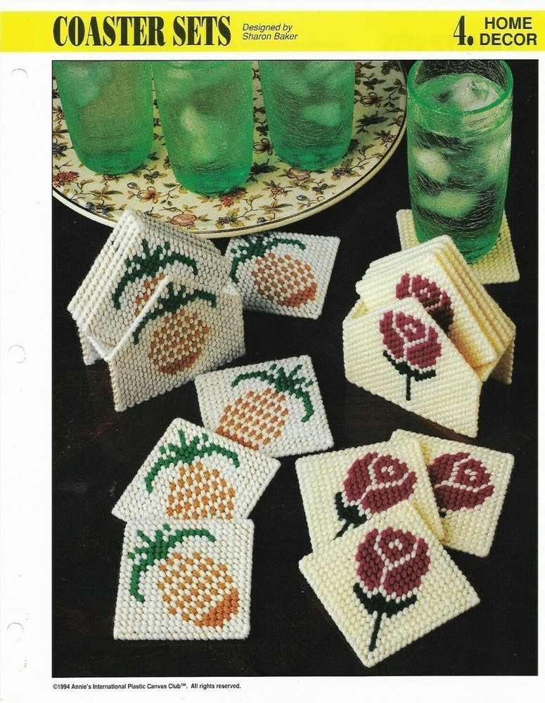 NEW 2 COASTER SETS PINEAPPLE & ROSES ANNIE'S PLASTIC CANVAS PATTERN INSTRUCTIONS