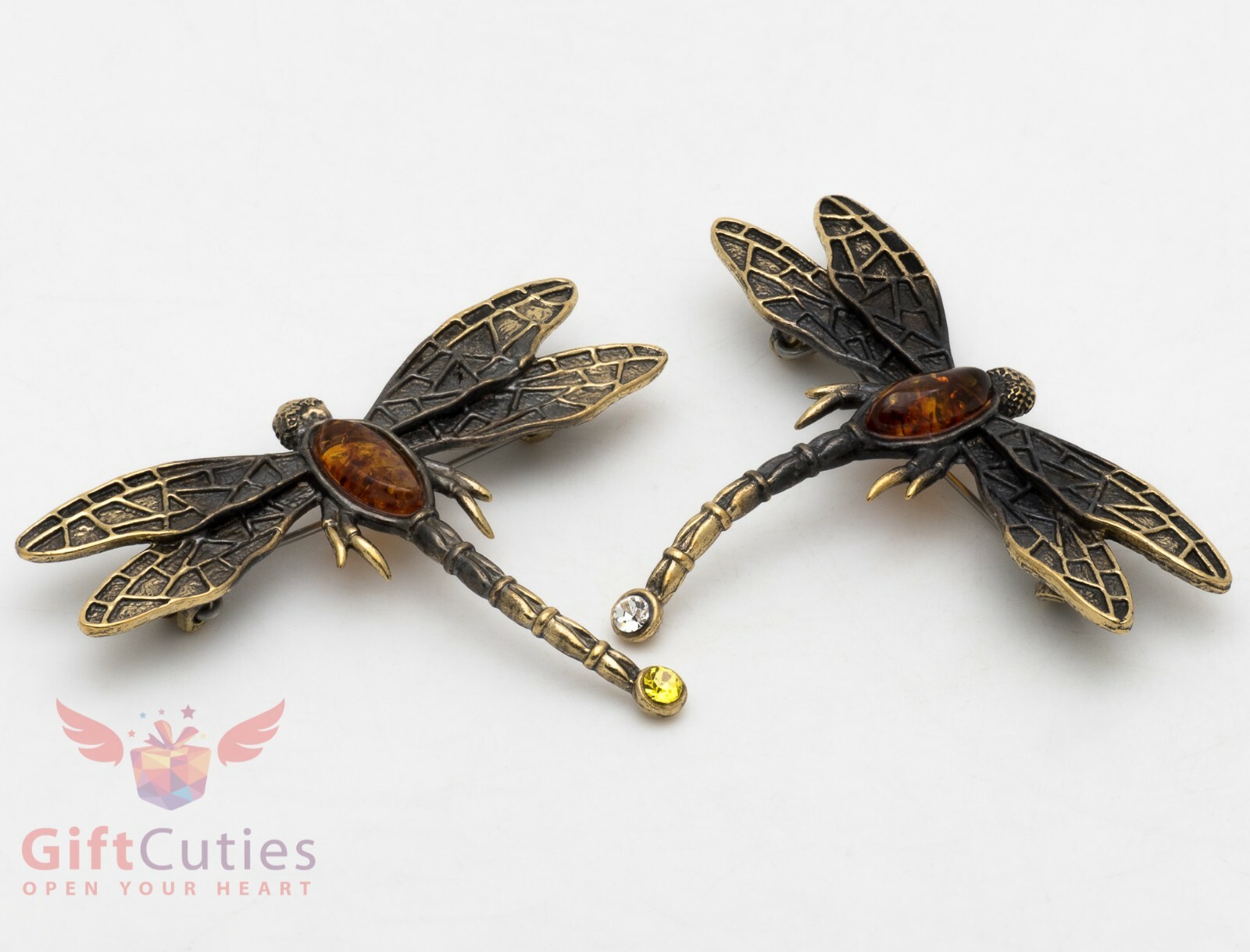 Brass Amber dragonfly Brooch IronWork