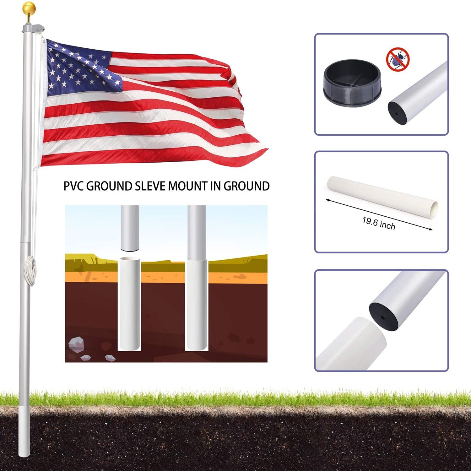 20 FT Sectional Flag Pole Kit Extra Thick Aluminum Flagpole with 1 Flag 2 Rope