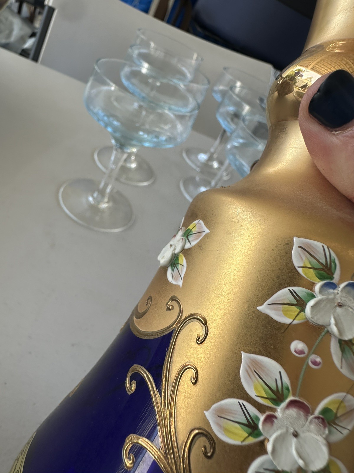 Antique Bohemian Moser Cobalt Blue Enamel Flowers Decanter & 6 Glasses Set