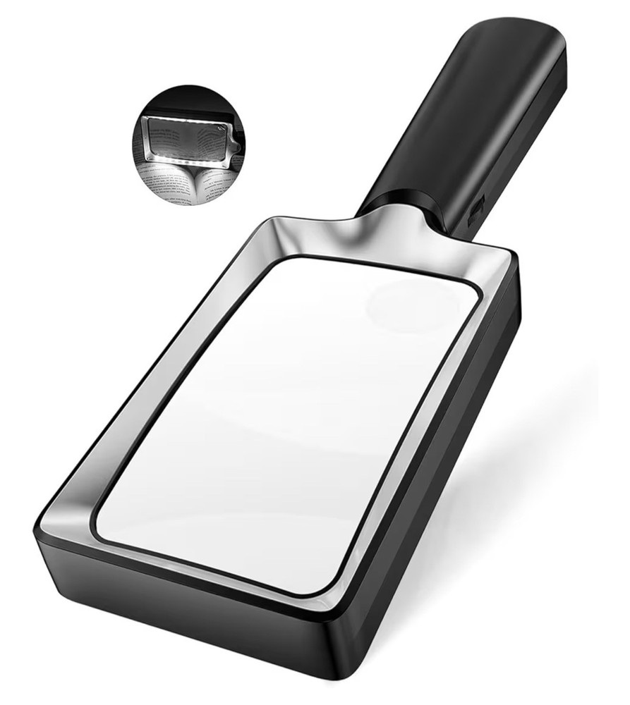 Handheld Rectangular LED-Light Magnifying Glass Portable Black Clear Lens