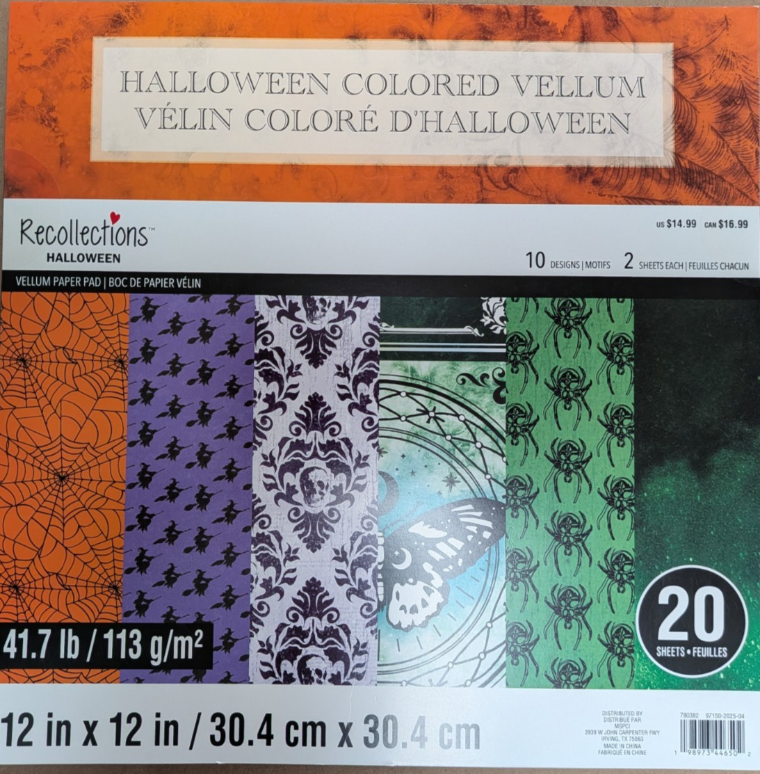 12x12 Halloween Colored Vellum Scrapbook Pad 20 sht 10 Design Cobweb Skull Witch