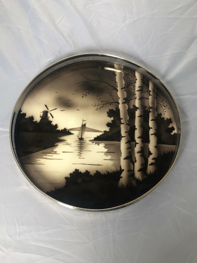 Silvers Brooklyn Porcelain Silver Round Server Tray Seaside Scene