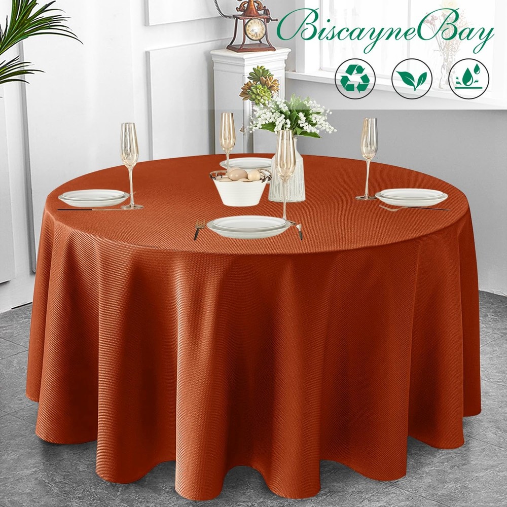 Biscaynebay 90" Round Fall Tablecloth, Textured, Water-Resistant, Rust, Thanksgi