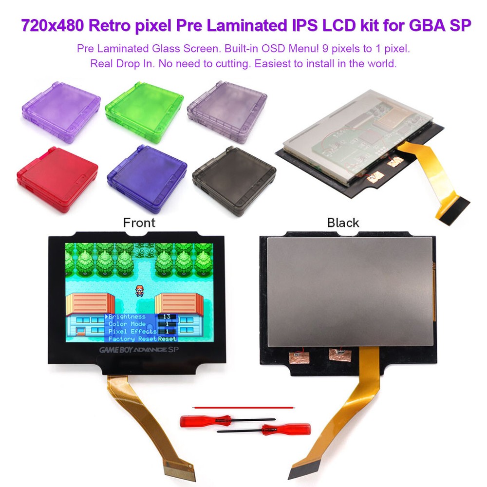 Drop In IPS V5 LCD For GameBoy GBA SP 720x480 Retro Pixel Backlight Screen+Shell