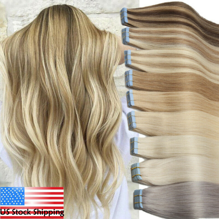 Seamless Tape In Human Hair Extensions Skin Weft Russian Hair Full Head 80pieces