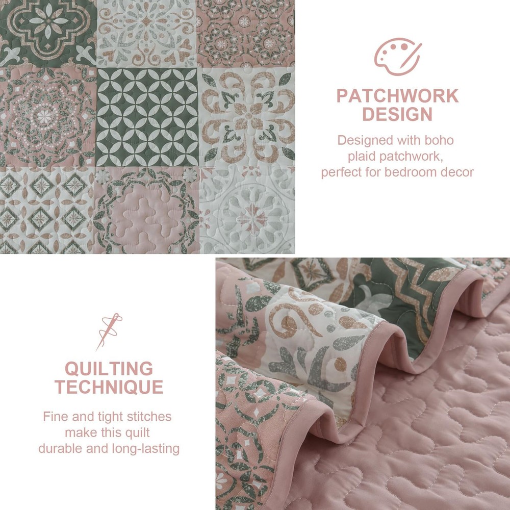 Dobuyly Blush Quilt Set Queen Size, Boho Patchwork Plaid Queen, Pink