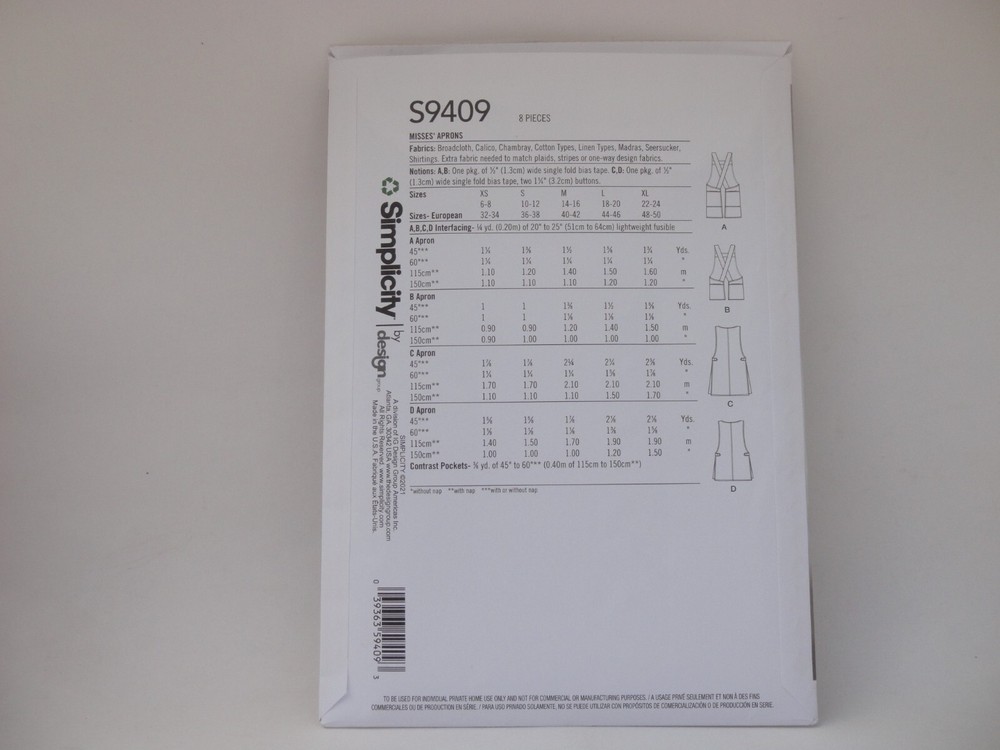 Simplicity 9409 Minimalistic Simple Aprons Pullover or Crossback Pattern 6-24