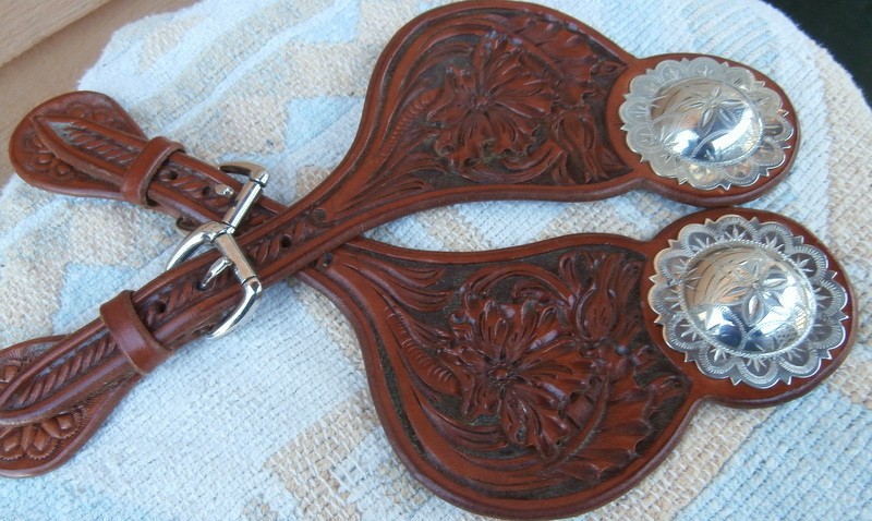 Visalia Style Scalliped Edge Domed 2 in.Silver Concho Tooled Spur Straps
