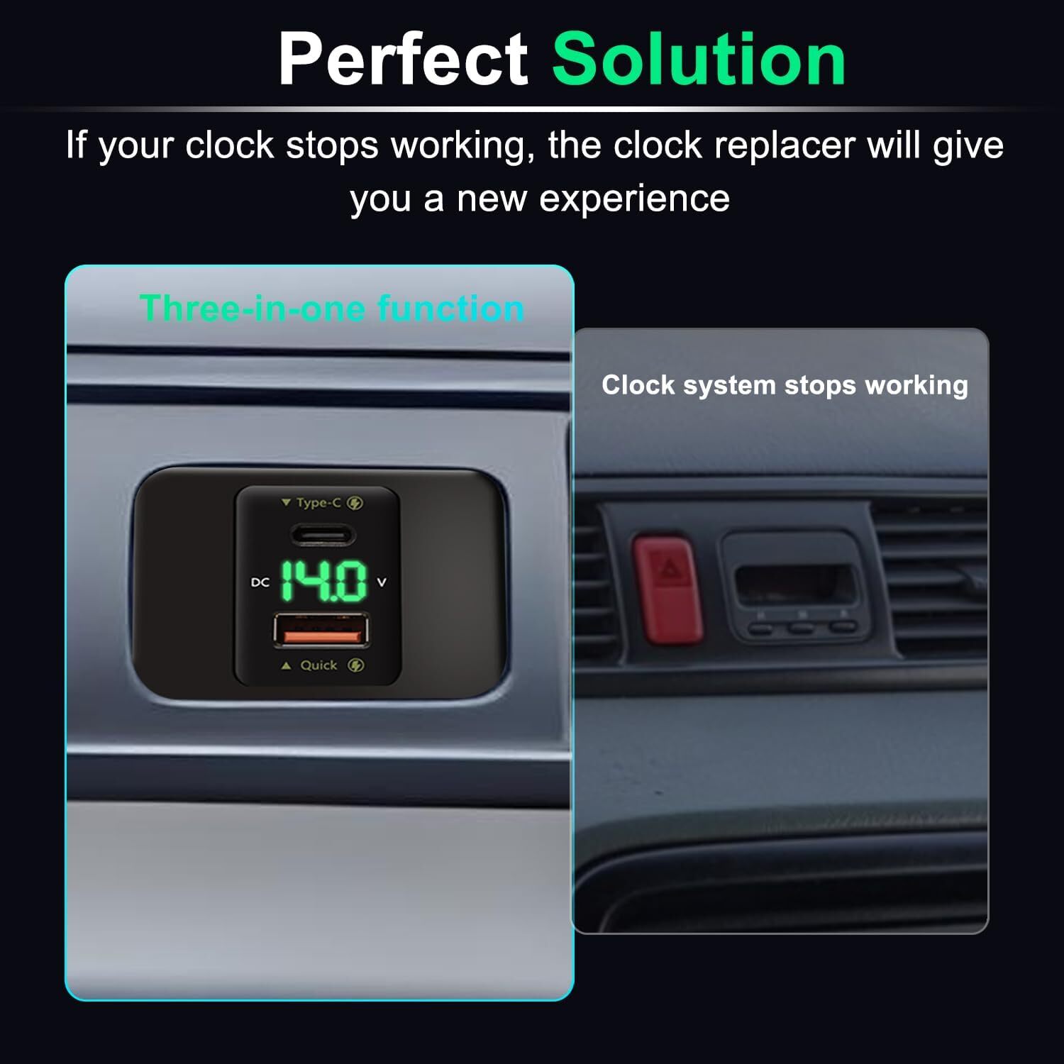 Clock Substitute with Voltmeter and USB Fast Charger for 1997-2001 Honda CR-V