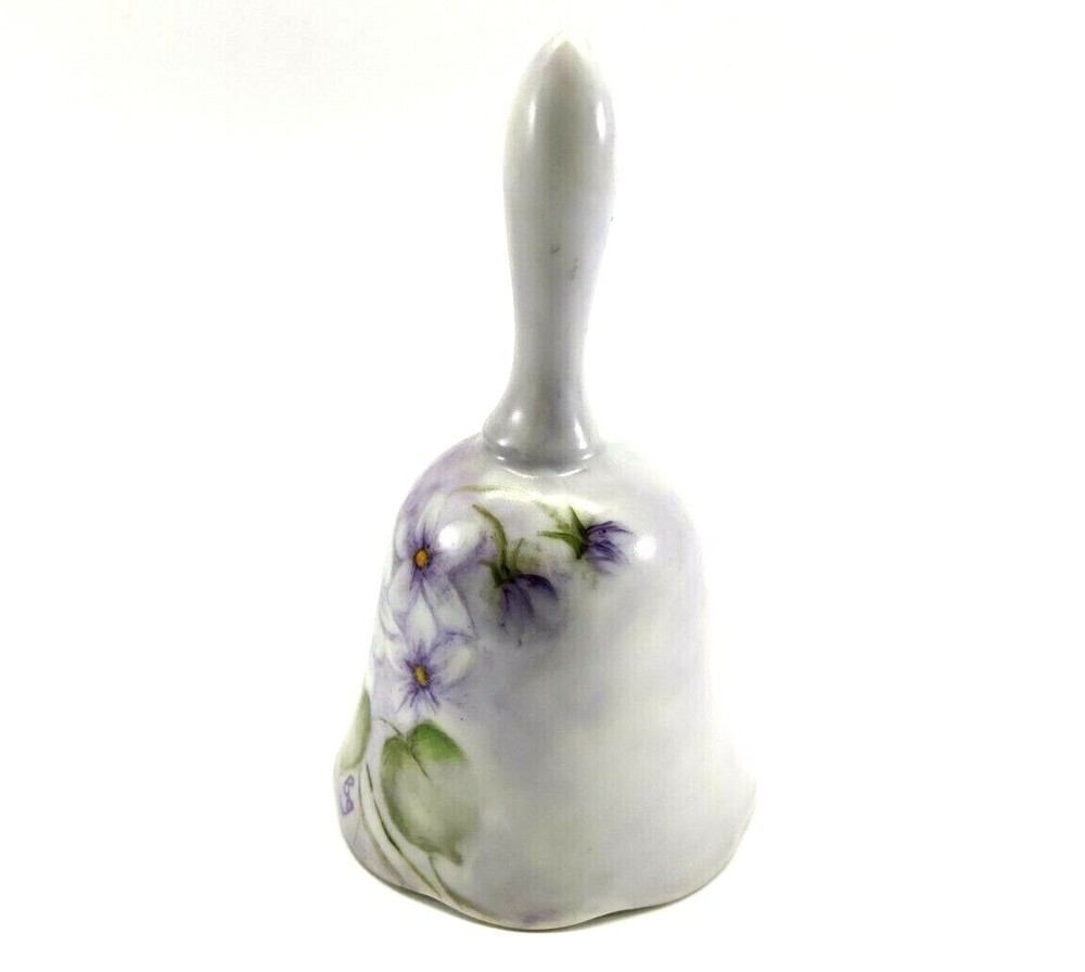 Vtg Hand Painted Violets Porcelain Bell Signed