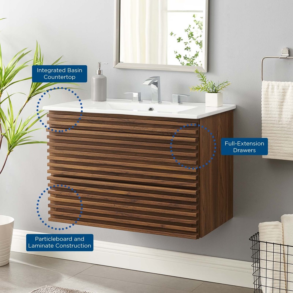 Modway Render 30" Wall-Mount Bathroom Vanity in Walnut White