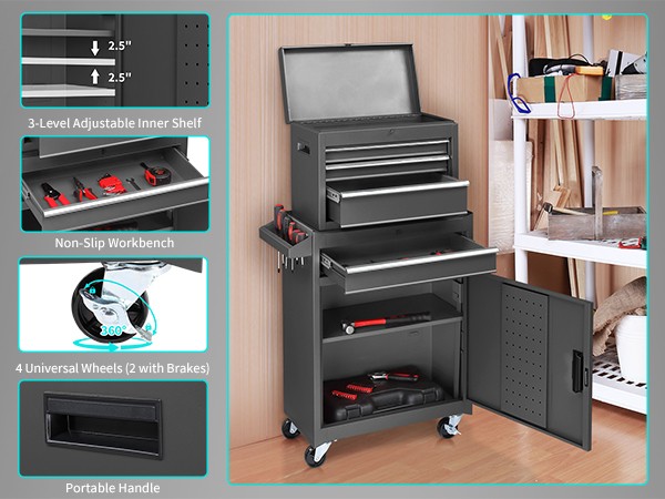 Rolling Tool Chest Tool Organizer Box with Lockable Wheels & Detachable Top NEW