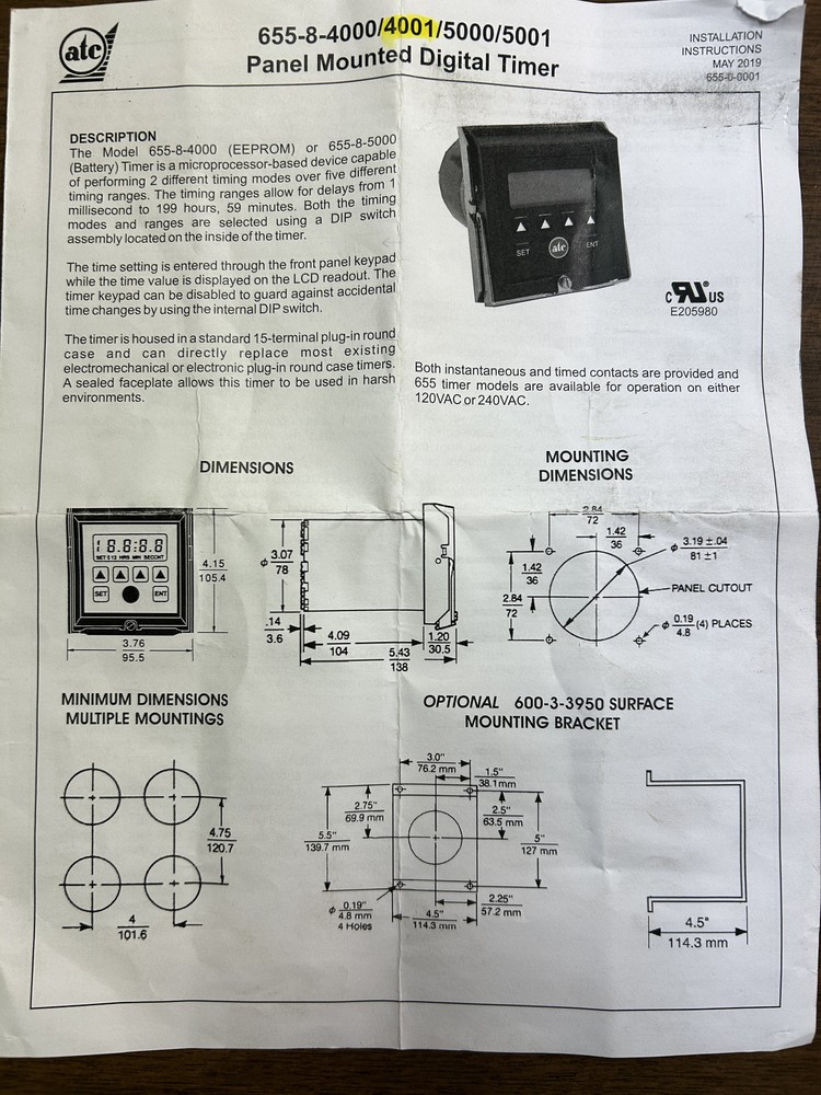 ATC Panel Mounted Digital Timer 655-8-4001