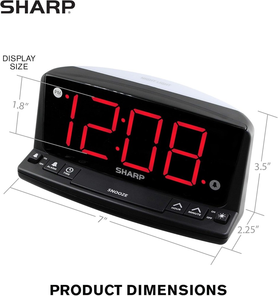 Sharp LED Digital Alarm Clock – Simple Operation - Easy to See Large Red