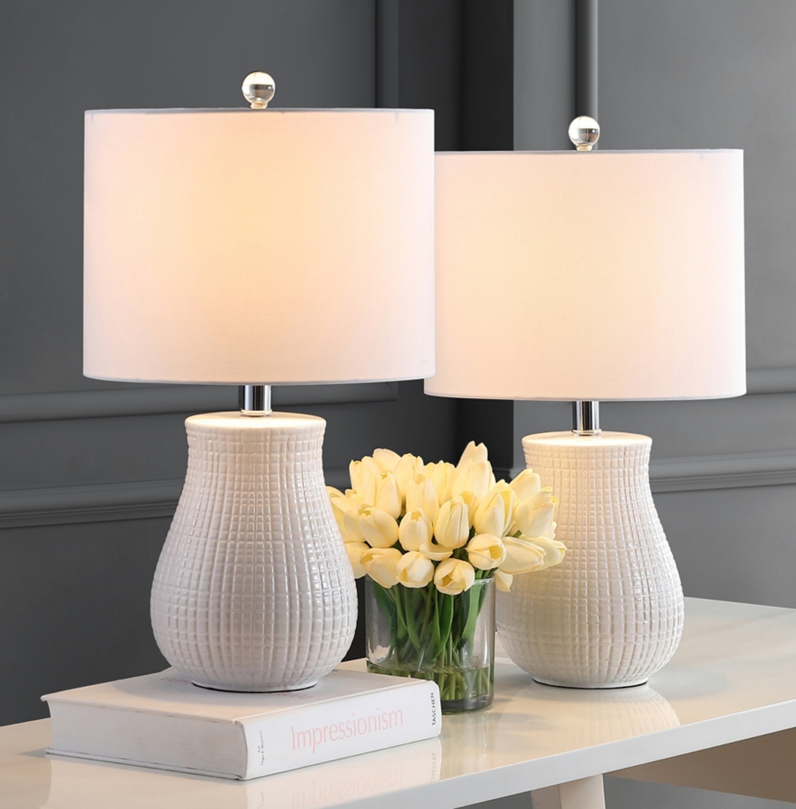 SET OF 2 Safavieh White Ceramic Table Lamp Modern Bedroom Living Room