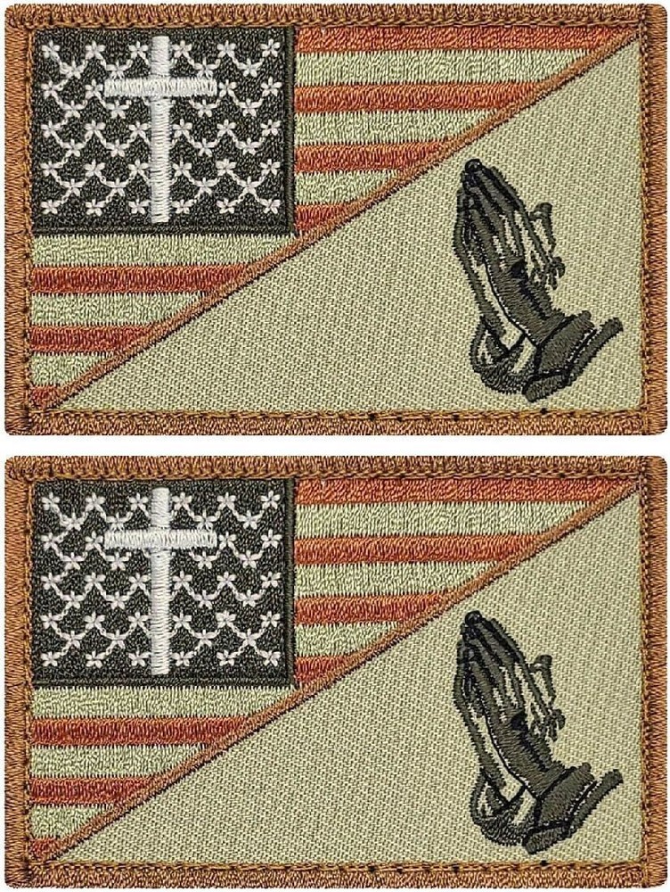 Praying Hand Cross USA Flag Subdued Patch || 2PC Hook Backing  3"x2"