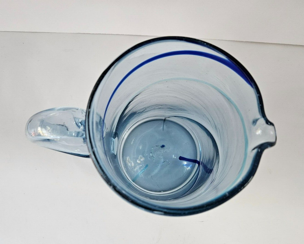 Mexico Hand Blown Glass Blue&White Swirl Pattern Pitcher
