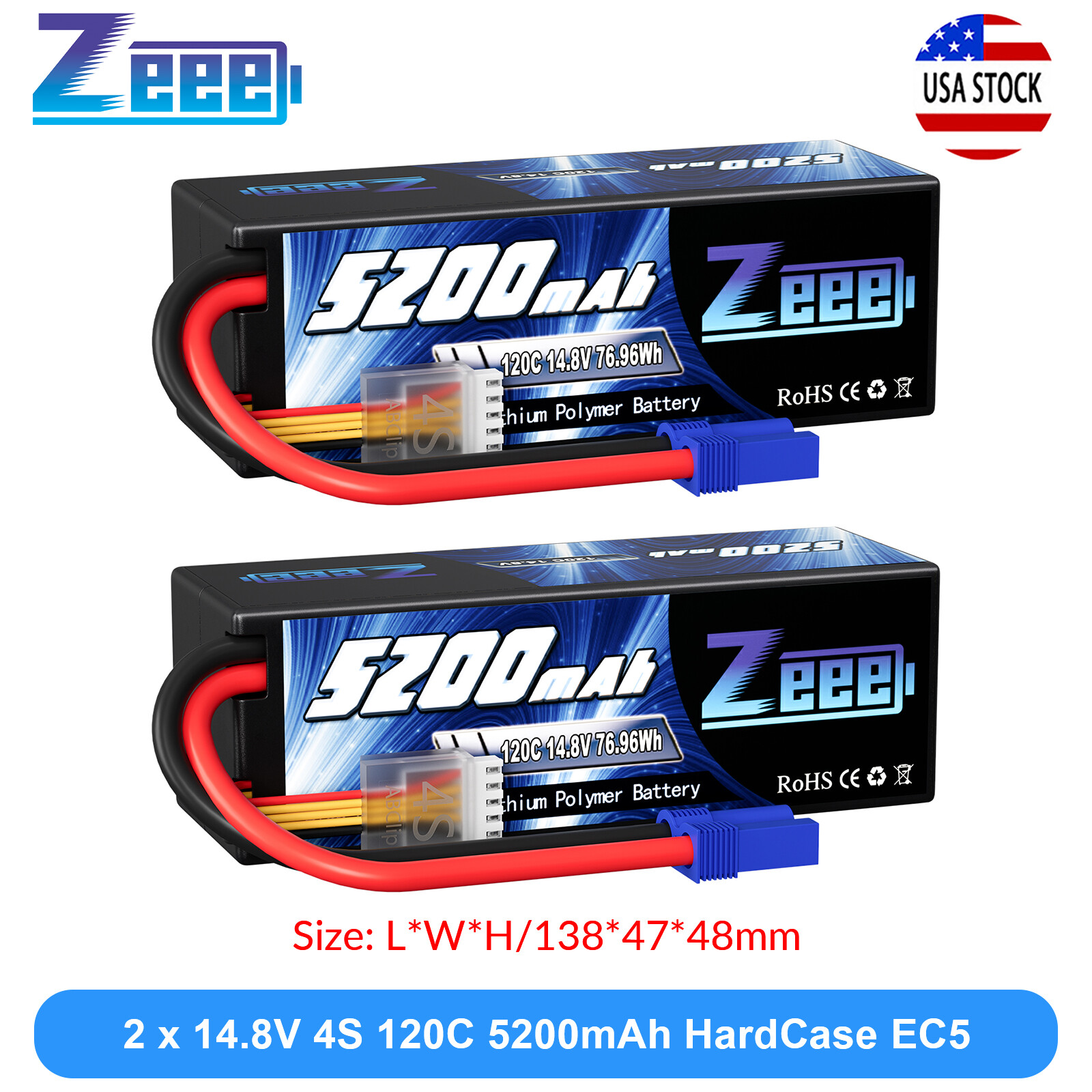 2x Zeee 14.8V 4S LiPo Battery 5200mAh 120C EC5 for RC Car Truck Crawler Monster