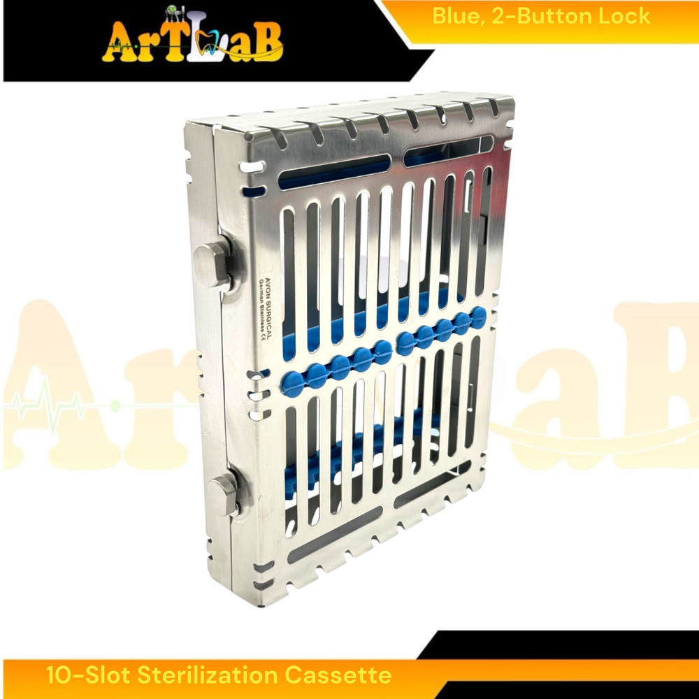 Double-Button Sterilization Cassette for 10 Instruments, Dental, Veterinary Blue