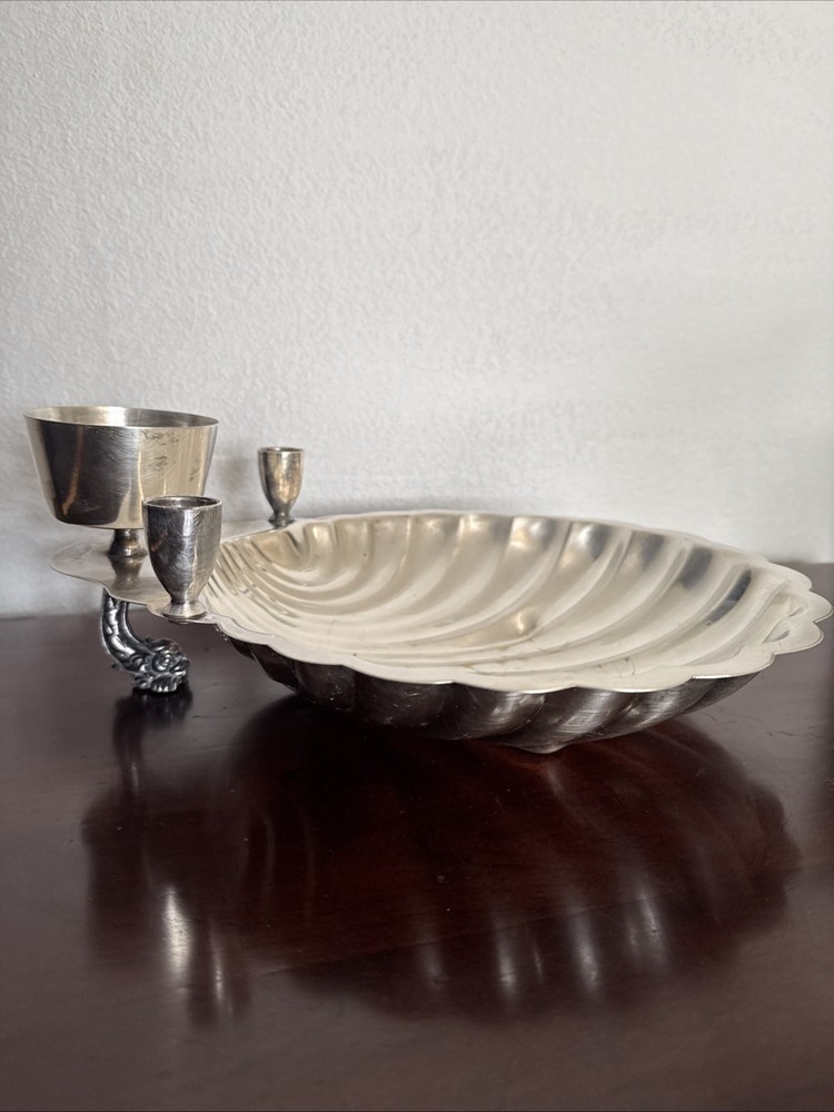 Silver Plated Sea Shell Bowl & Candle Holder Clam Shell Footed Dish Vintage
