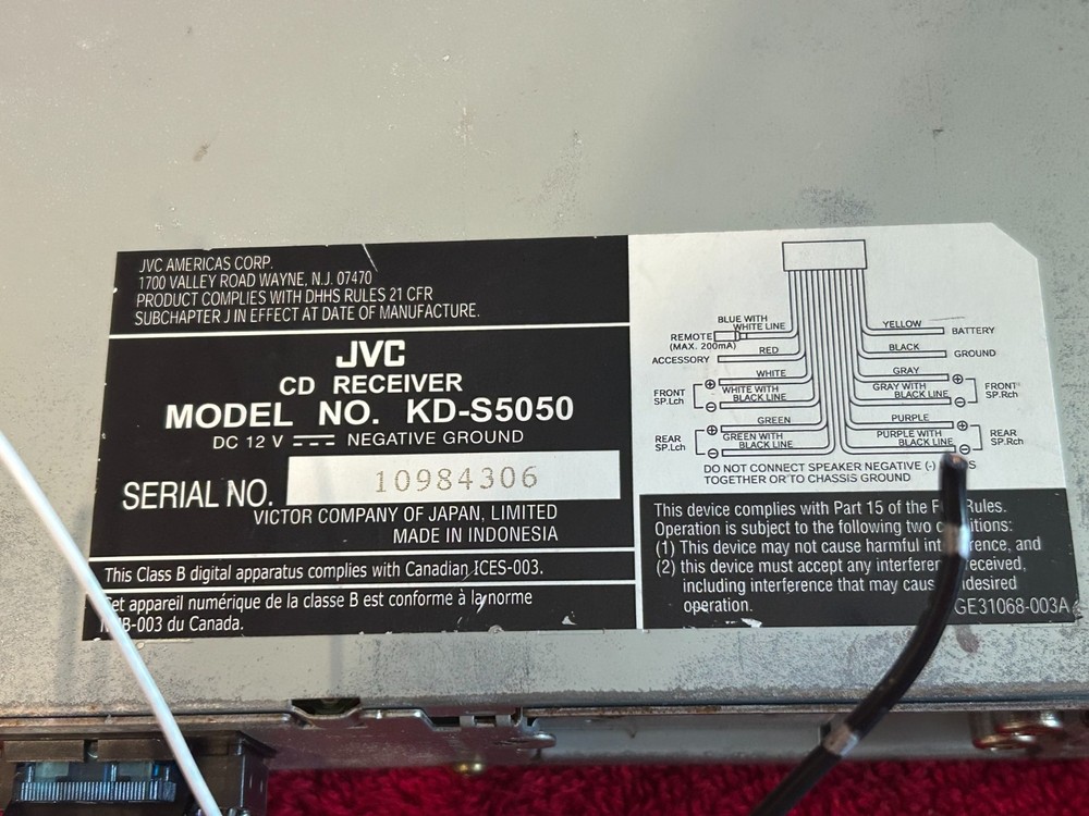 JVC AMERICAS CORP MODEL KD-S5050 CD RECEIVER MISSING FACEPLATE