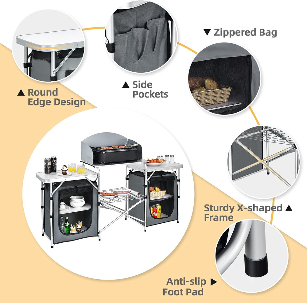Camping Kitchen Station, Folding Grill Table with 26'' Tabletop, 2 Side Tables,