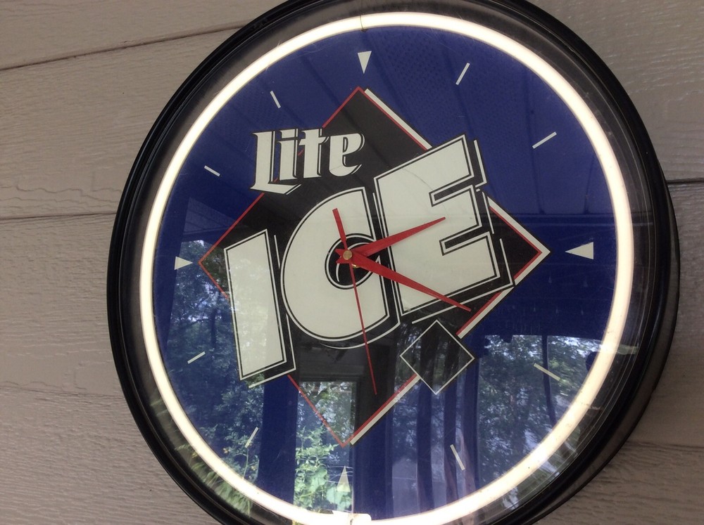 Miller Lite Ice Beer Clock 17 In. Diameter White Neon Lite