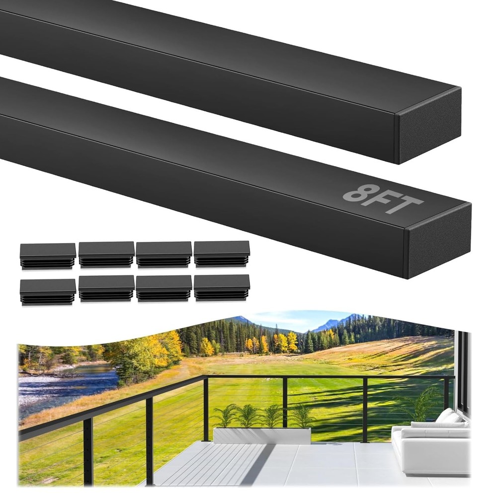 8FT Stainless Steel T304 Black Handrail, 2 Pack Rectangular Cuttable Handrail