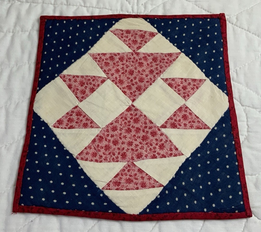 Antique Vintage Patchwork Quilt Table Topper, Four Patch W/ Triangles, Pink Navy