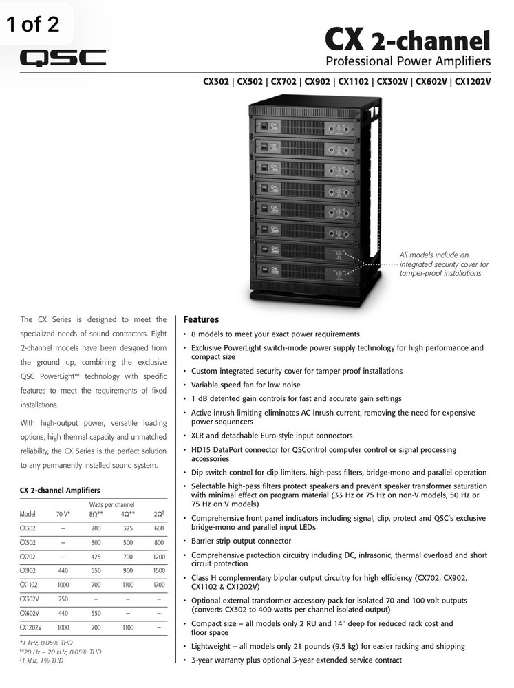 QSC CX902 PROFESSIONAL 2-CHANNEL POWER AMPLIFIER