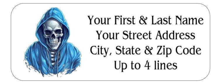 150 Skeleton Blue Hoodie Skull Mailing Return Address Labels Personalized