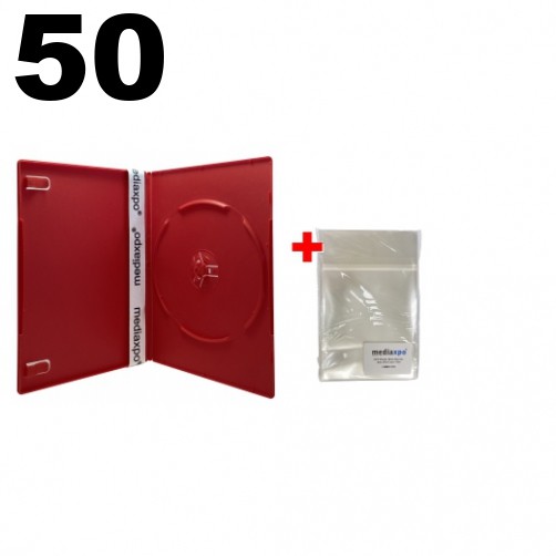 50 SLIM Solid Red Color Single DVD Cases 7MM & 100 OPP Bags