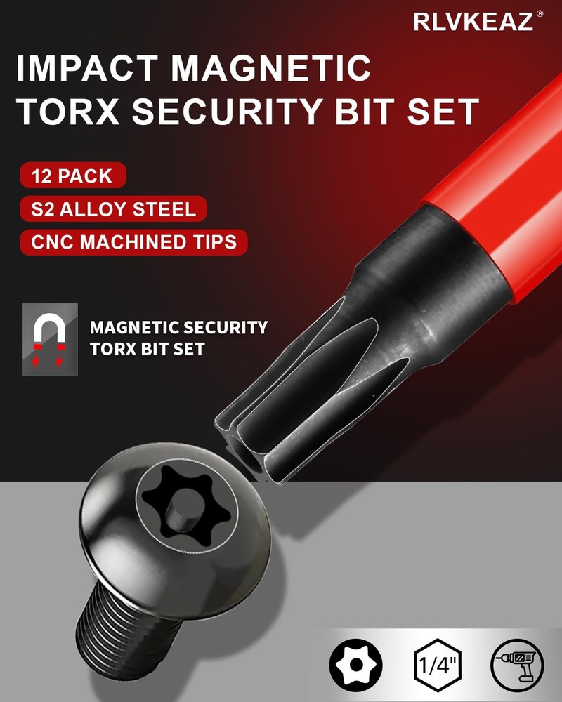 12-Piece Impact Security Torx Bit Set T5-T40, Magnetic High Torque Bits