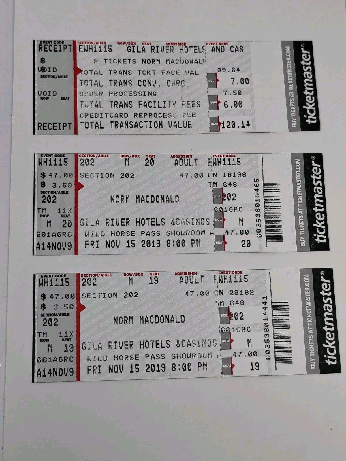 Norm McDonald at Gila River  3 Ticket Stubs November 15 2019 Phoenix AZ