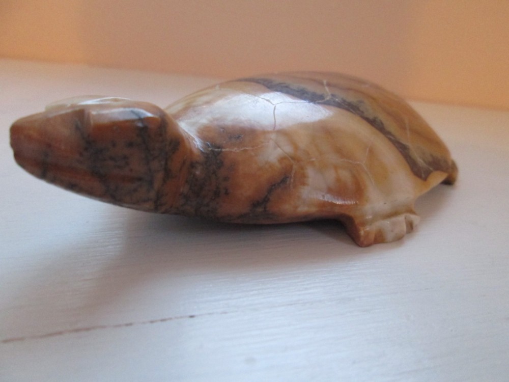 Solid Stone Turtle Figurine Hand Carved 6" Long