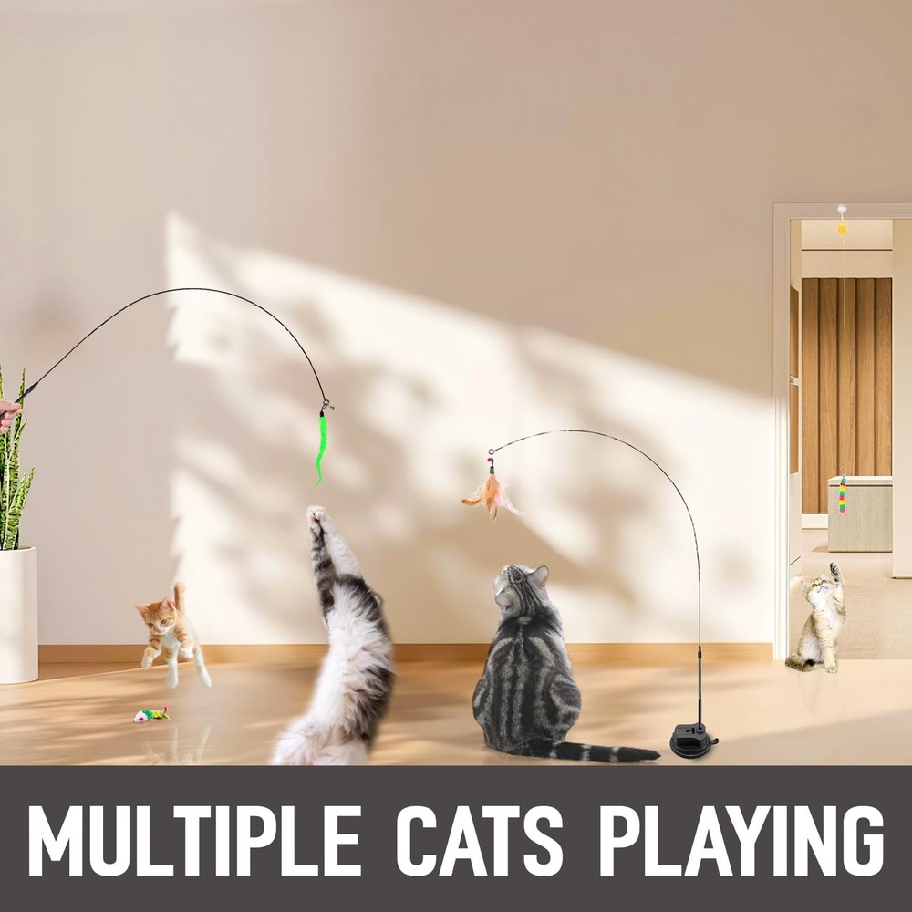 4-in-1 Interactive Cat Toys Set - Feather, String,Suction Cup Cat Toy Stick &...