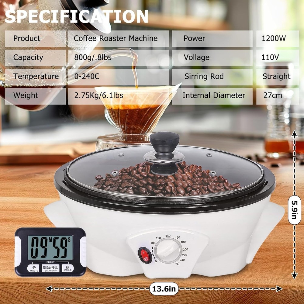 Electric Coffee Bean Roaster with Adjustable Temperature and Timer for Home Use
