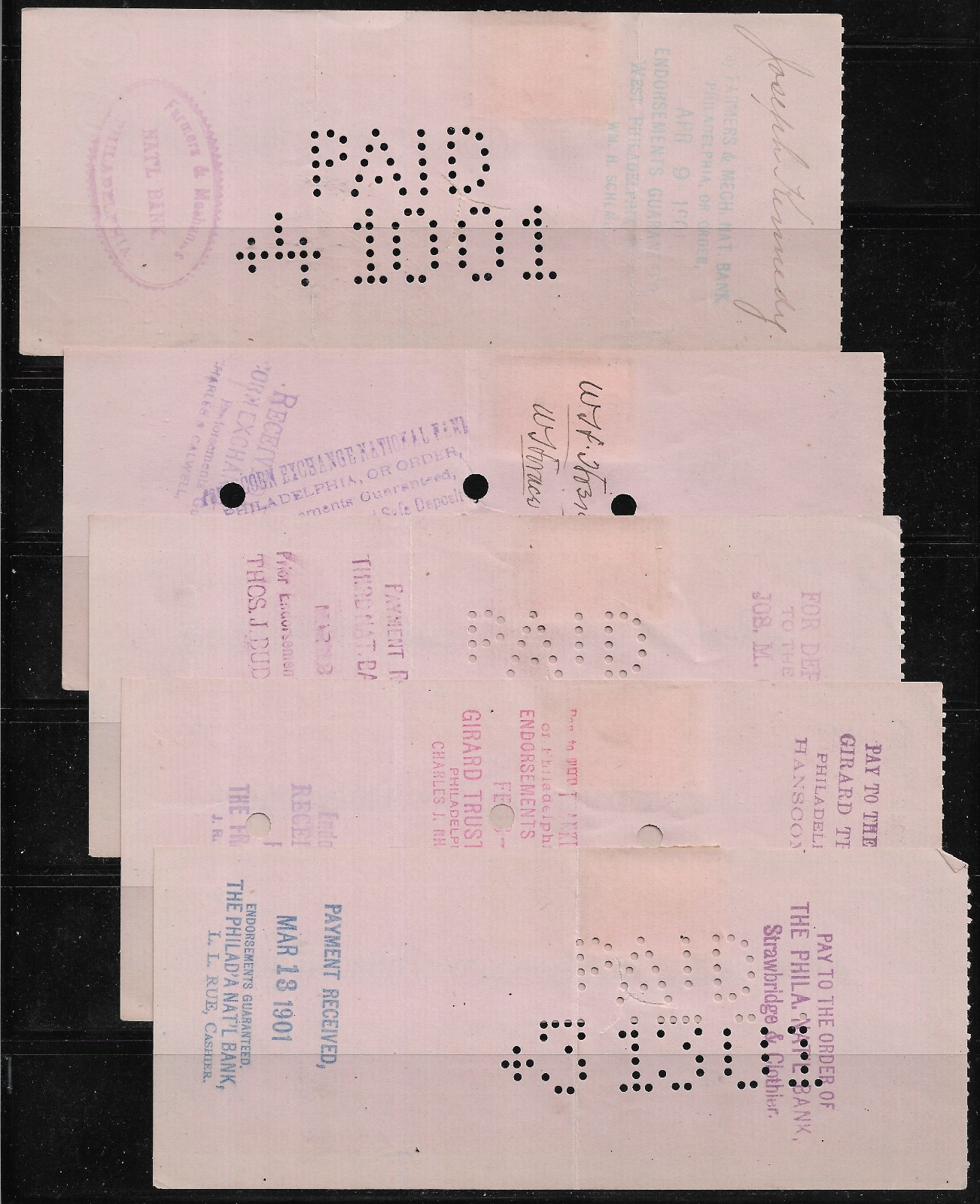 Vintage Paper for Crafting: 1901 Bank Checks; Used w/Revenue Stamp; 5 Pieces