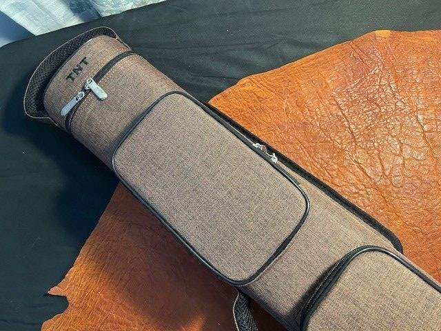 TNT 3x6 Brown Nylon Pool Cue Case. Blue interior. Back Pack Straps.